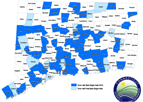 Map showing bald eagles by Connecticut town, 2019